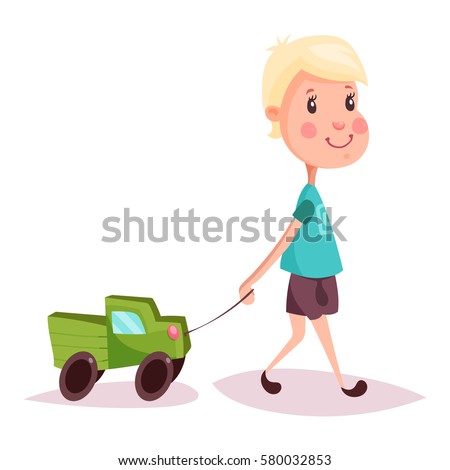Blonde hair child with toy automobile or auto on rope. Kid or boy, schoolkid with lorry or truck. Cartoon youngster playing with car. Happy childhood and gaming person, little and small people theme