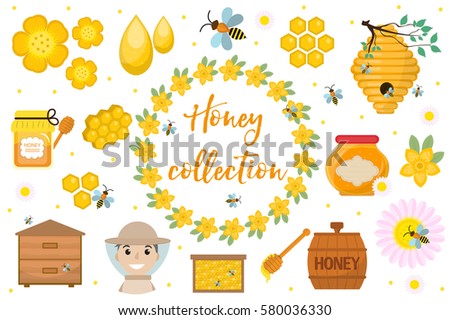 Honey collection. Beekeeping set of objects isolated on white background. Apiculture kit of design elements flat, cartoon style. Vector illustration, clip-art