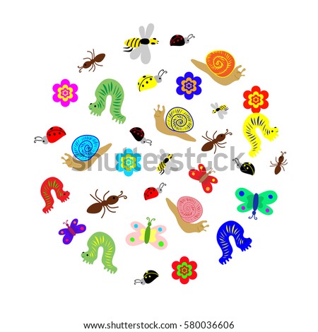 Vector Illustration. Hand Drawn Funny  Doodle Insects arranged in a shape of circle. Colorful and Cute caterpillars, worms, butterflies, bees, ants. Perfect for Child Design.