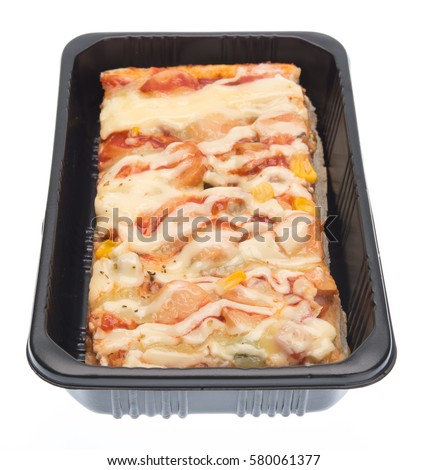 Delicious pizza in plastic container isolated on white background.