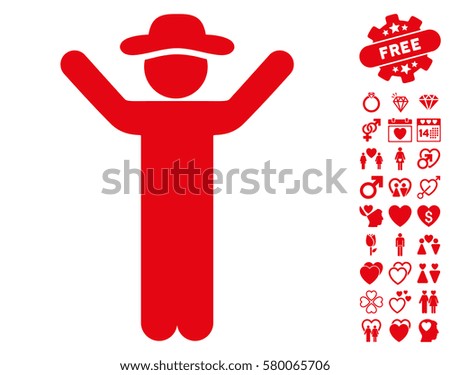 Hands Up Gentleman pictograph with bonus valentine clip art. Vector illustration style is flat iconic red symbols on white background.