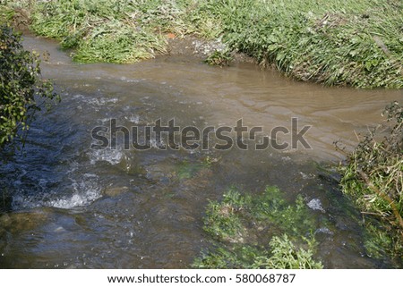Pure water and polluted water that meet in the river