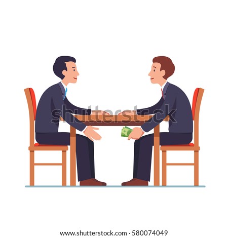 Businessman passing cash money under the table to his corrupted partner. Business bribery and kickback corruption concept. Flat style modern vector illustration isolated on white background.  Royalty-Free Stock Photo #580074049