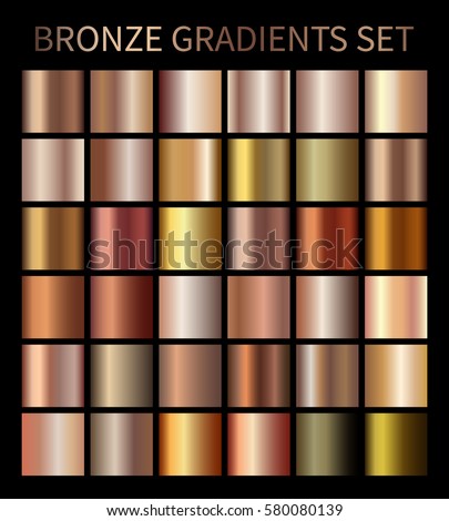 Bronze gold gradients. Collection of beige gradient illustrations for backgrounds, cover, frame, ribbon, banner, coin, label, flyer, card, poster etc. Vector template EPS10 Royalty-Free Stock Photo #580080139