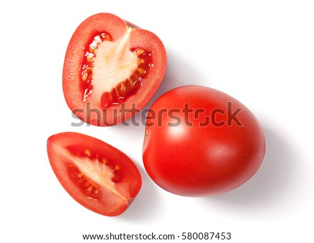 Fresh plum tomatoes on white background with natural shadow. Top view Royalty-Free Stock Photo #580087453