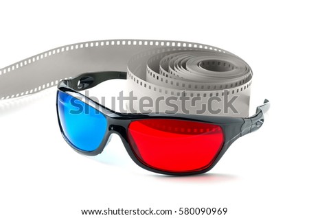 3d glasses and  film strip on a white background