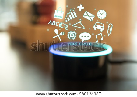 Home advisor , voice recognition , artificial intelligence device and internet of things concept. Technology icons and blur kitchen background.