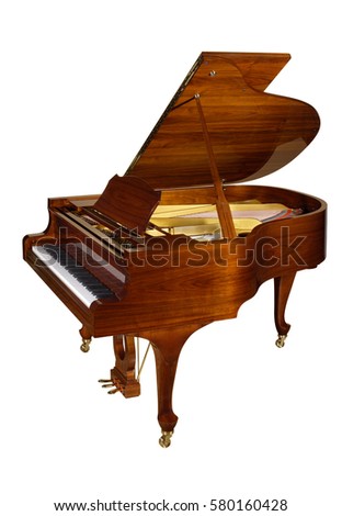 Walnut grand piano isolated on white background