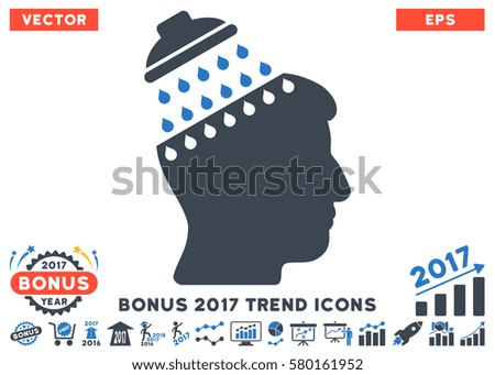 Smooth Blue Brain Shower pictograph with bonus 2017 year trend icon set. Vector illustration style is flat iconic bicolor symbols, white background.