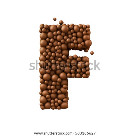Letter F made of chocolate bubbles, milk chocolate concept, 3d render