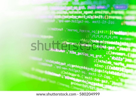 Computer script typing work.  Source code close-up. Programming of Internet website. Desktop PC monitor photo. Writing programming code on laptop. Coding script text on screen. 
