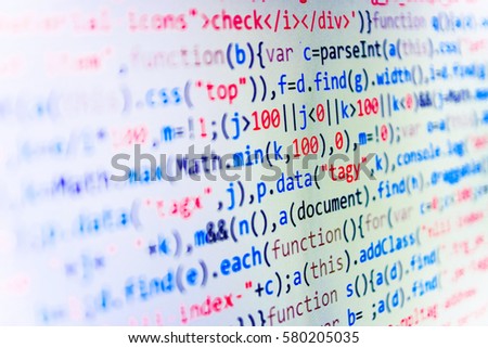 HTML website structure. Website codes on computer monitor. Desktop PC monitor photo. Programmer developer screen. Source code close-up. Abstract IT technology background.  
