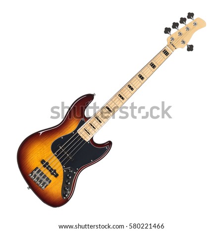 Sunburst Finish Electric Bass Guitar Isolated on White Background Royalty-Free Stock Photo #580221466