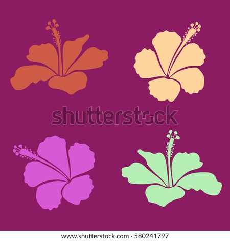 Vintage vector floral set with four hibiscus flowers in purple, orange and violet colors.