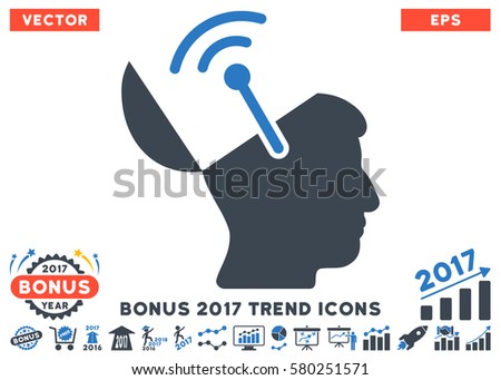 Smooth Blue Open Brain Radio Interface pictogram with bonus 2017 trend clip art. Vector illustration style is flat iconic bicolor symbols, white background.