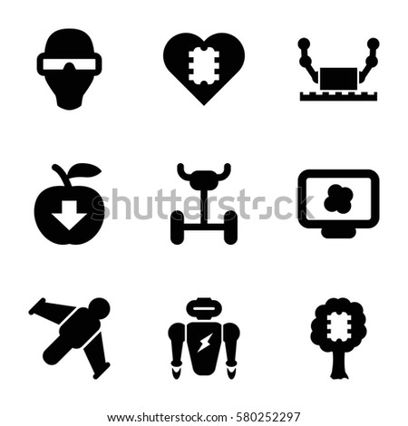 Innovation vector icons. Set of 9 Innovation filled icons such as apple download, CPU in tree, hang glider, man in smart glasses, CPU in heart, robot, atom on display