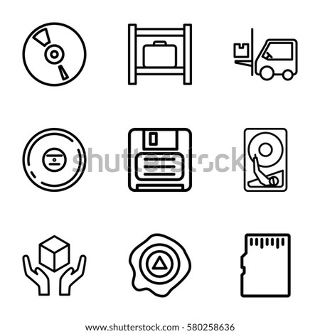 storage vector icons. Set of 9 storage outline icons such as luggage storage, handle with care, arrow up, forklift, diskette, CD, memory card