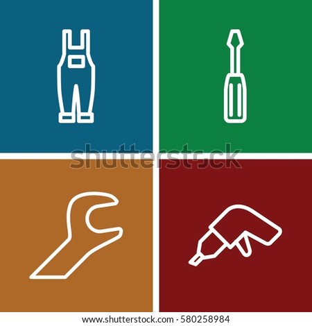 Set of 4 screwdriver outline icons such as screwdriver, drill, gardener jumpsuit