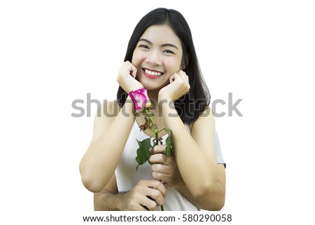 Asian woman smile, confident, relax, surprise with red rose for valentine day, pose by beautiful girl stand at the portrait profile studio, isolated white background.