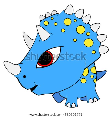 Illustration of Cute Cartoon Evil Blue Baby Triceratops Dinosaur. JPEG format.
