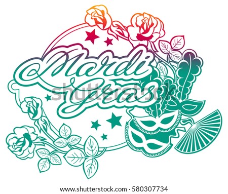 Color gradient label with carnival masks and artistic written text "Mardi Gras".  Raster clip art.