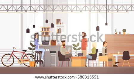 People In Creative Office Co-working Center University Campus Modern Workplace Interior Flat Vector Illustration Royalty-Free Stock Photo #580313551