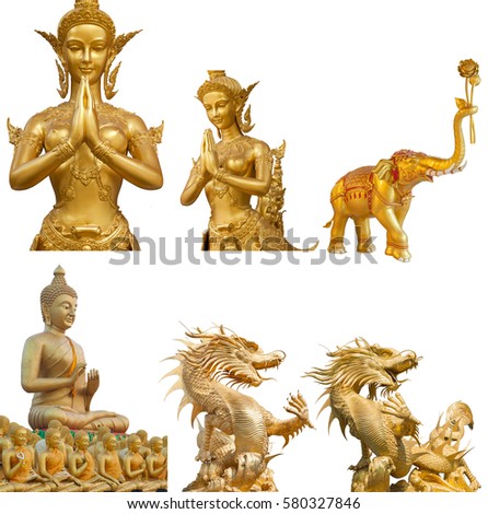 Group of Isolated picture golden, Kinnaree, buddha, statue, elephant in thailand 