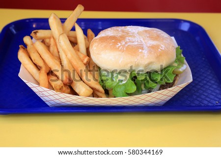 Hamburger and French Fries. lunch of burger and fries. fast food lunch. 