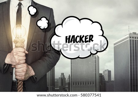 Hacker text on speech bubble with businessman