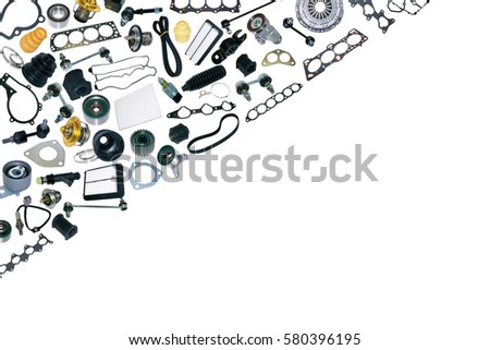 Auto spare parts car on the white background. Set with many isolated items for shop or aftermarket. Popular repair part for service.