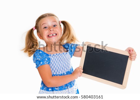 girl with  little blackboard in front of white background
