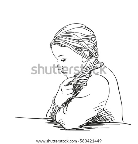 Sketch of beautiful young girl thinking, Hand drawn vector illustration