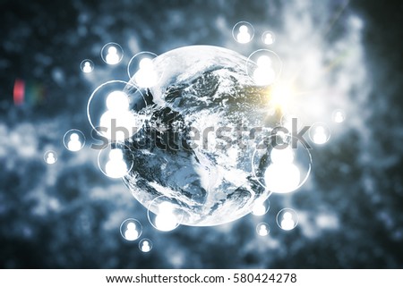 Globe with HR icons on abstract blurry background. Elements of this image furnished by NASA