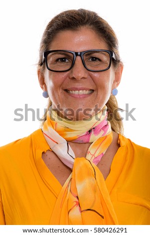 Face of mature happy businesswoman smiling with eyeglasses