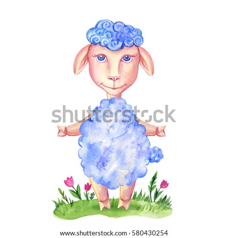 Watercolor lamb hand drawn kid cartoon animal, domestic cute ship standing isolated on white background, Character design for greeting card, children invitations, creation of zoo alphabet, baby shower