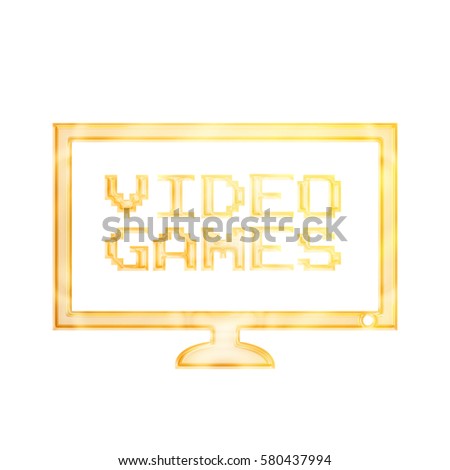 Video Game TV Screen Icon Symbol Shiny Gold Illustration in Glossy Bright Golden Colors Isolated on White. Clipping path included to easily separate from background.
