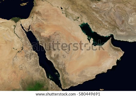 City lights on world map. Arabian Peninsula. Elements of this image are furnished by NASA Royalty-Free Stock Photo #580449691