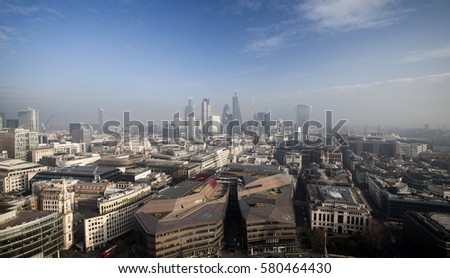 Rooftop view over London on a foggy day from St Paul's cathedral, UK