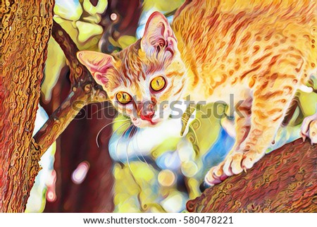 Orange cat on tree in fall. Domestic animal outdoor digital illustration. Cute kitty on tree branch. Cat face with big yellow eyes closeup. Young active kitty hunts in garden. Summer nature background