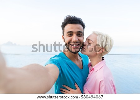 Couple On Beach Summer Vacation, Beautiful Young Happy People Taking Selfie Photo, Man Woman Embrace Sea Ocean Holiday Travel