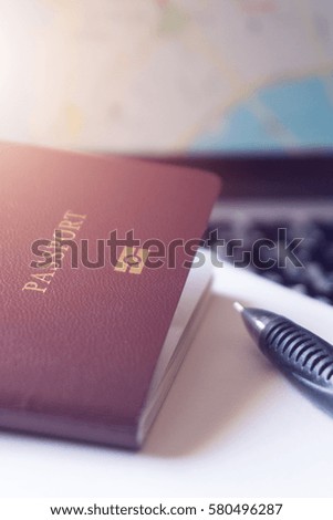 Passport, Notebook, Laptop, plan to travel, Work, Study concept.
