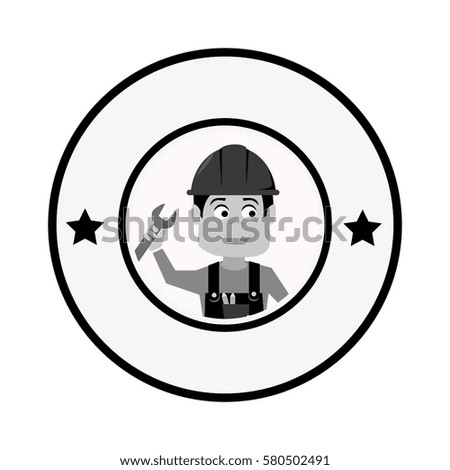 grayscale circular frame with engineer with helmet and wrench