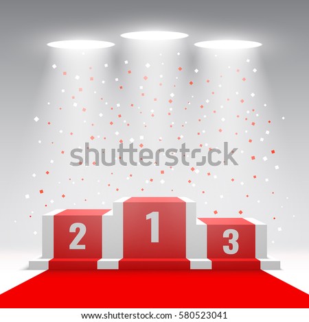 White winners podium with red carpet and confetti. Stage for awards ceremony. Pedestal. Spotlight. Vector illustration. Royalty-Free Stock Photo #580523041