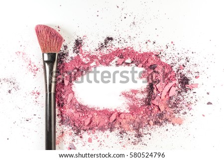 Traces of vibrant pink powder and blush forming a frame, with a makeup brush. A horizontal template for a makeup artist's business card or flyer design, with copy space