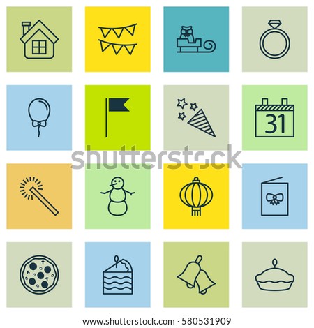Set Of 16 Holiday Icons. Includes Ringer, Balloon, Flan And Other Symbols. Beautiful Design Elements.