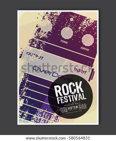 Music poster template. Vector Rock music flyer background with electric guitar pedal effect flat illustration. A4 size flyer.