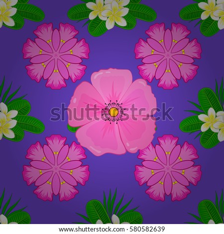 Vector seamless pattern on a violet background. Pattern with many cute flowers. Watercolor painting of abstract motley flowers.