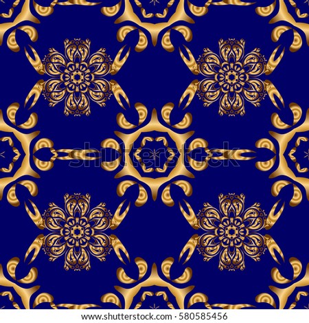 Announcement card in a simple design. Classical invite sample seamless pattern with lace damask pattern. Laconic wedding card decorated with vector golden ornament on a blue background.