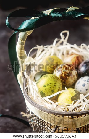 Multi-colored Easter egg. Quail eggs with feathers in basket. Dark background. Spring holiday