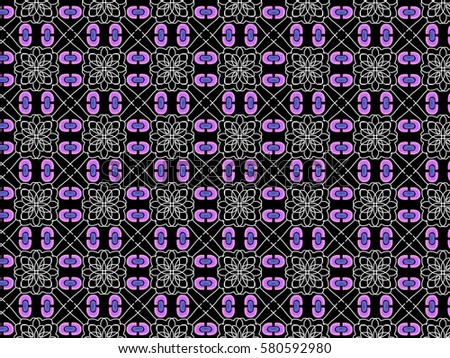 A hand drawing pattern made of white, purple and pink on a black background.